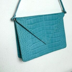 LAT for Bluefly Cerulean Croc Embossed Genuine Leather Convertible Clutch Purse